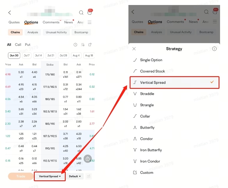 When trading vertical spreads, simply select the options contract you want and click on the triangle symbol for the strategy to choose your preferred way of tra...